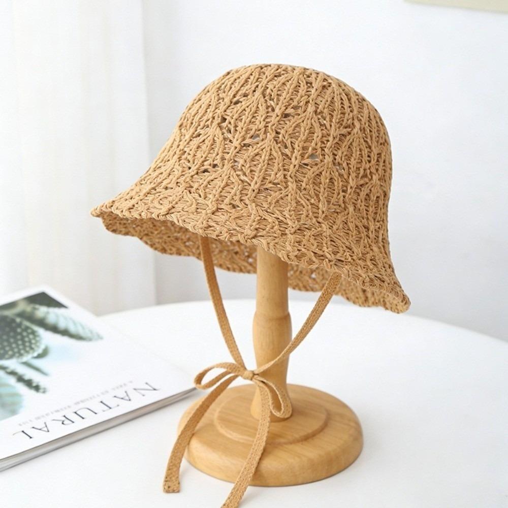Thin Women Bucket Hat Foldable Design Solid Color Beach Panama Cap Breathable Windproof Rope Outdoor Fisherman Cap