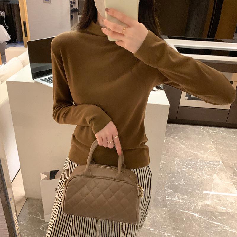 Однотонная рубашка с воротником-полуворотом для женщин на осень и зиму, новая облегающая футболка с короткими внутренними длинными рукавами, универсальный топ