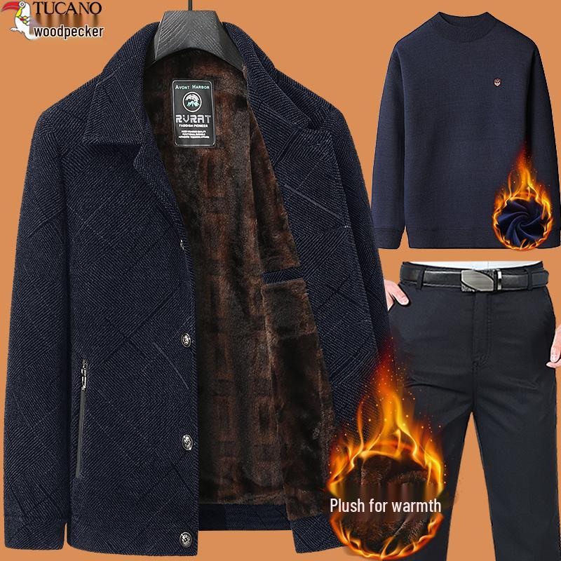 Woodpecker Dad Winter Coat Set: Warm Fleece-Lined Jacket for Middle-Aged and Elderly Men
