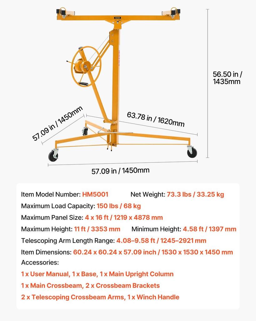 3353mm Drywall Lift, Heavy-Duty 68 kg Sheetrock Hoist with Adjustable Telescoping Arm, Lockable Wheels, Drywall Lifter Panel Jack Hoist Tools Ideal