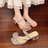 Beautiful flower set toe slippers female summer rhinestone with toe sandals thick heel fairy with skirt sandals