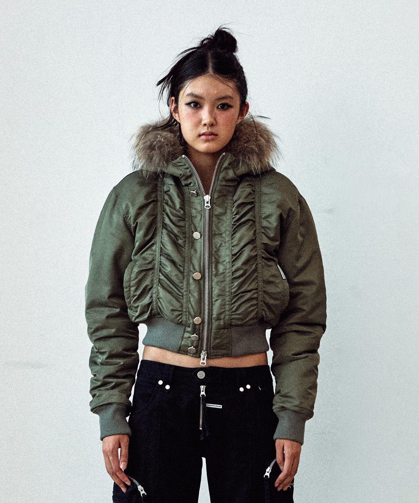 Thevinylhouse Fur Hooded Ma-1 Jacket Khaki