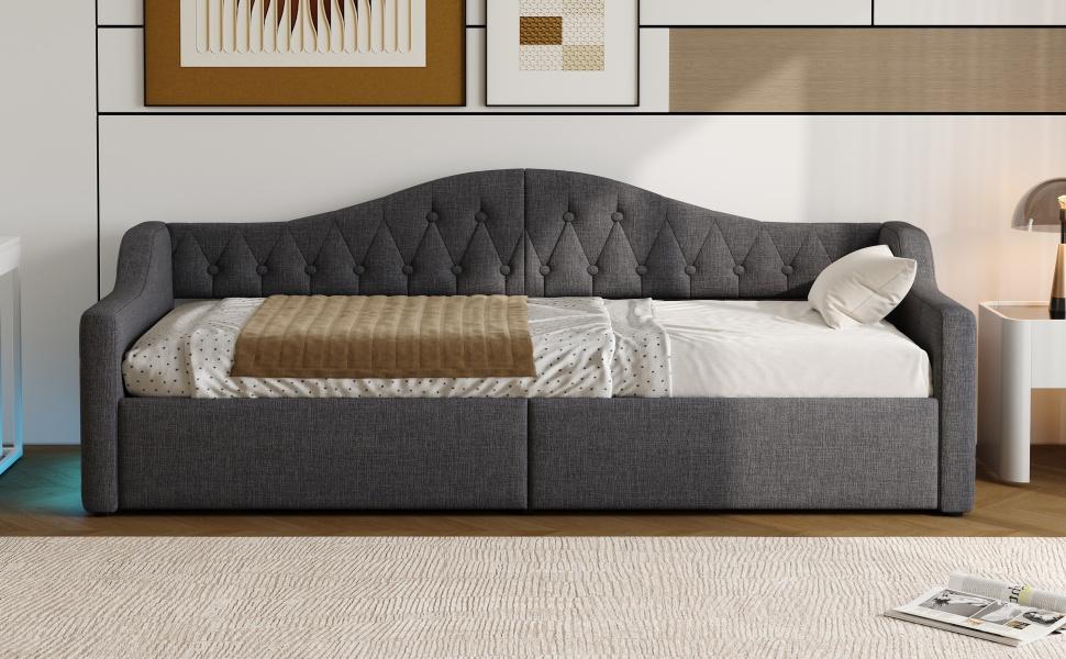 Upholstered 90x200 Daybed with LED Strip and Storage Underneath, Grey