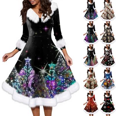 Женское модное повседневное платье с v-образным вырезом и рождественским принтом для вечеринки с длинными рукавами