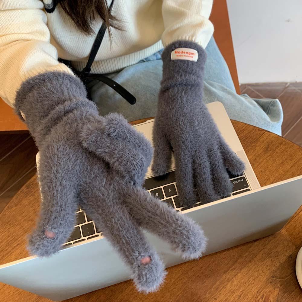 Faux Rabbit Hair Soft Plush Finger Gloves Anti-cold Mittens Candy Color Gloves Girls