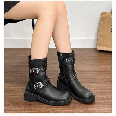 Женские новые модные ботинки с круглым носком и толстым каблуком, осенние, из искусственной кожи, однотонные, повседневные, удобные, с боковой молнией, до середины голени