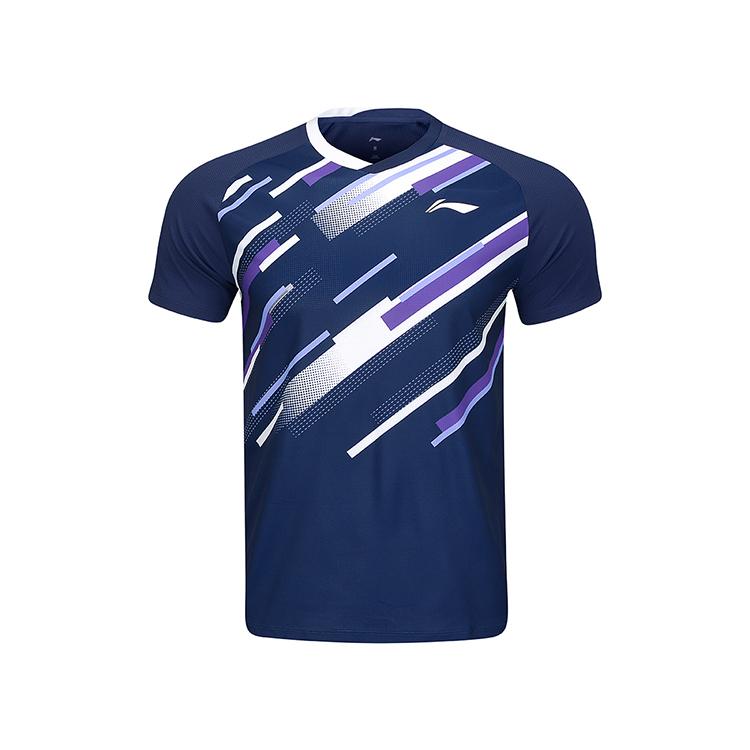 Li Ning Бадминтон Серия Быстросохнущая Полосатая Простая Футболка с Логотипом Унисекс Топы Темно-Синий AAYV033-1