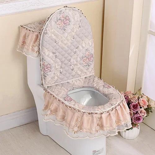 Декор из кружевной ткани с принтом Коврик для унитаза из трех частей Большая юбка Подол Чехол на сиденье для унитаза с молнией Пылезащитный чехол для унитаза