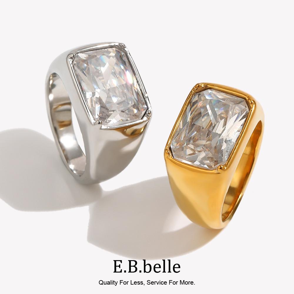 E.B.belle Square Zircon Stone Stainless Steel Wide Side Ring Romantic Statement Gold Plated Jewelry Accessories For Women