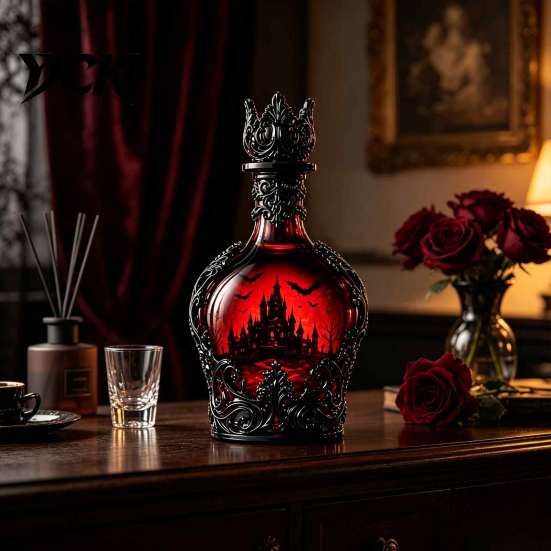 Dark Fantasy Wine Container 1200ML Halloween Bat Castle Whiskey Bottle, 320ML Vintage Gothic Glass Decanter Cup, Decorative Liquor Flask for