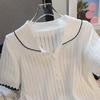 Милая белая вязаная блузка с воротником Питера Пэна, женские повседневные рубашки с коротким рукавом для женщин, летние открытые офисные женские футболки, топы 24119