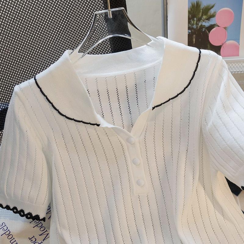 Милая белая вязаная блузка с воротником Питера Пэна, женские повседневные рубашки с коротким рукавом для женщин, летние открытые офисные женские футболки, топы 24119
