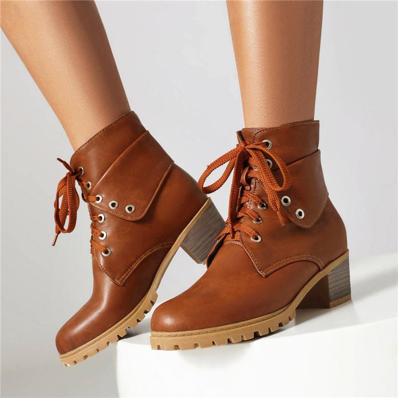 FOREADA Women Ankle Short Boots Round Toe Thick Mid Heels Lace-up Combat Boots Ladies Fashion Shoes Winter Black Blue Camel 43