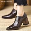 Кожаные женские ботильоны с острым носком, дизайнерские элегантные туфли на высоком каблуке, трендовые зимние туфли на толстом каблуке, модные женские туфли Botas De Mujer