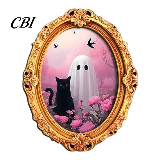 Decorative Magnetic Decor Halloween Ghost Fridge Magnet, Vintage Oval Frame Refrigerator Magnet Wooden Kitchen Decoration Accessories, Party