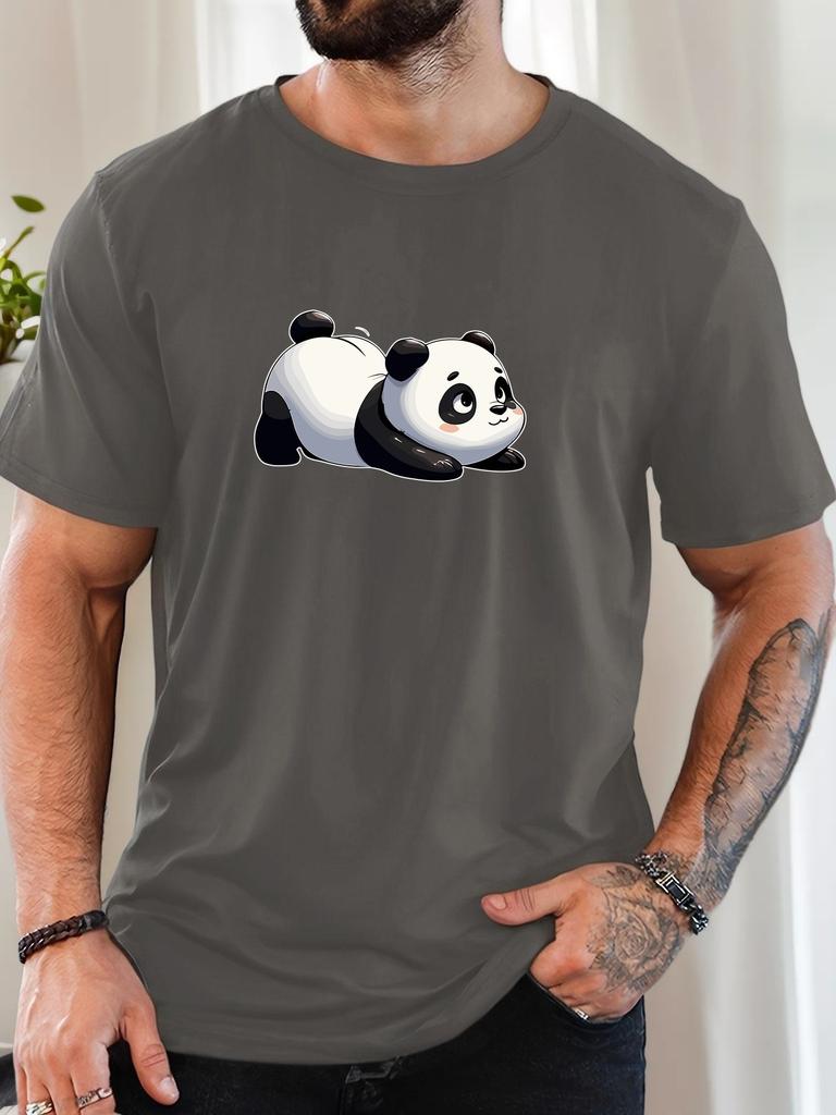 Unisex Khaki Crew Neck Tee Cute Lying Chubby Giant Panda Cartoon Animal Illustration Chinese Wildlife Fan Soft Cotton Male Tops