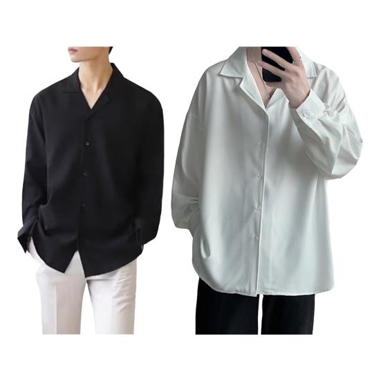 Мужская рубашка с кубинским воротником, длинный рукав, на пуговицах, повседневная рубашка свободного кроя, однотонная рубашка для работы, вечеринок, свиданий