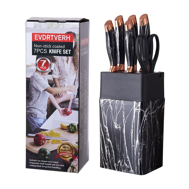 7pcs Kitchen Knife Sets Stainless Steel Chef Knife Bread Knife Marble Textured Handle Sets Tool Holder with Grinding Stone