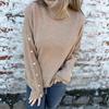 Women Sweater Turtleneck Long Sleeve Ribbed Trim Knit Tops Solid Color Loose Hem Buttons Decor Knitwear