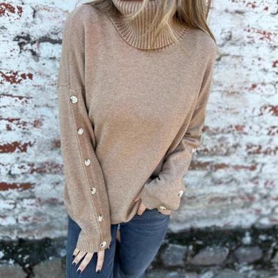 Женский свитер с высоким воротником, длинными рукавами, вязаный топ с рубчатой отделкой, однотонный, свободный низ, декорированный пуговицами, трикотаж
