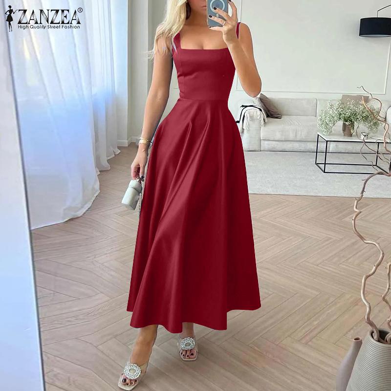 ZANZEA Женское летнее длинное платье трапециевидной формы без рукавов с квадратным вырезом