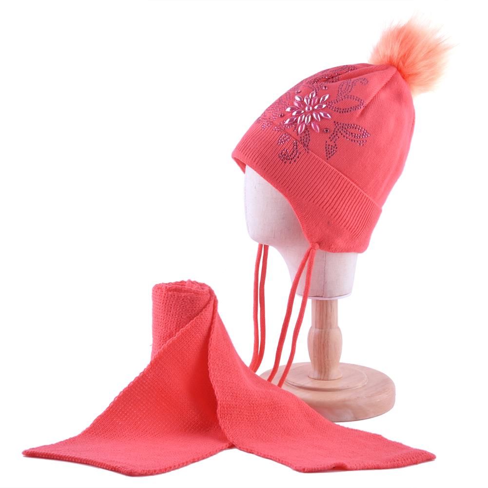 Зимняя шапка и шарф для девочек, теплая однотонная вязаная шапка, комплект с жемчугом, помпоном из искусственного меха, детская шапка