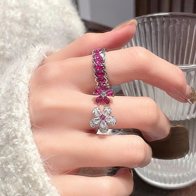 Niche Design Colored Treasure Cherry Blossom Pink Zircon Flower Opening Ring Sweet Princess Wind Stacked Ring