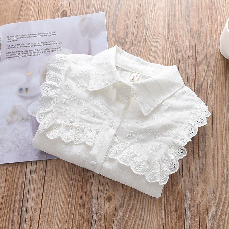 2022 Белая кружевная рубашка с длинным рукавом для девочек - Повседневная весенняя одежда для малышей и школьниц