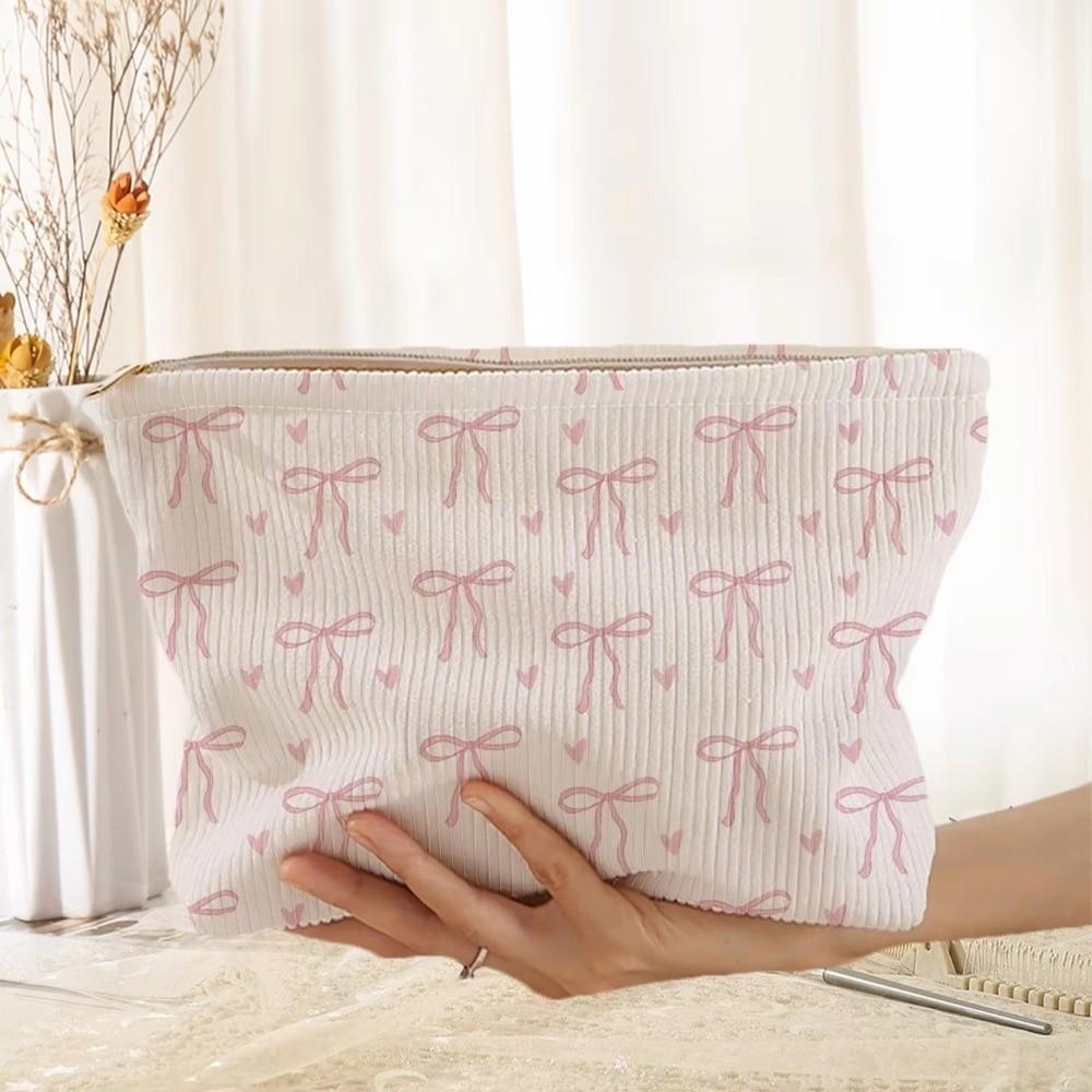 Cherry Cosmetic Storage Bag Pink Bow Corduroy Cosmetic Pouch Corduroy Makeup Bag For Women