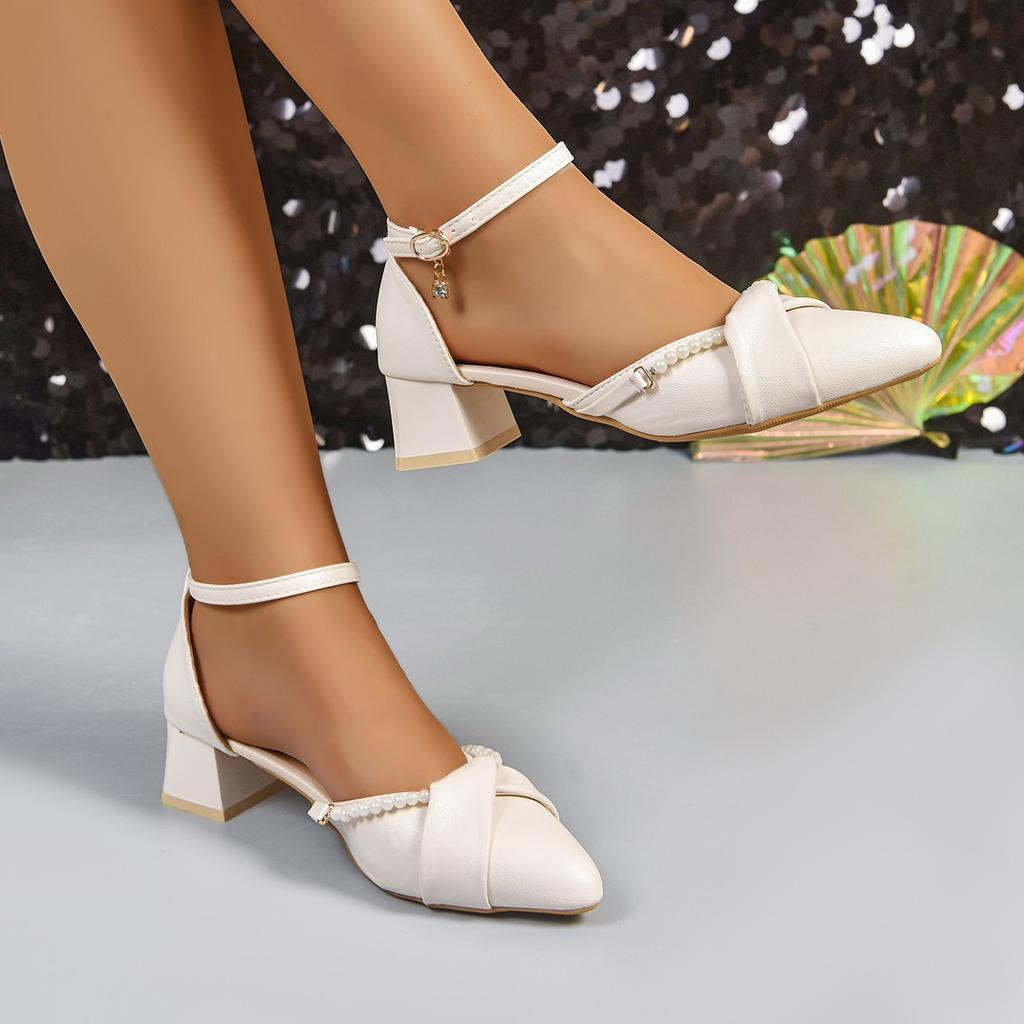 Fashion Zapatos De Mujer Lady Fashion Pointed Toe Beige High Quality Spring Buckle Strap Square Heel Shoes Lady Classic Heel Shoes