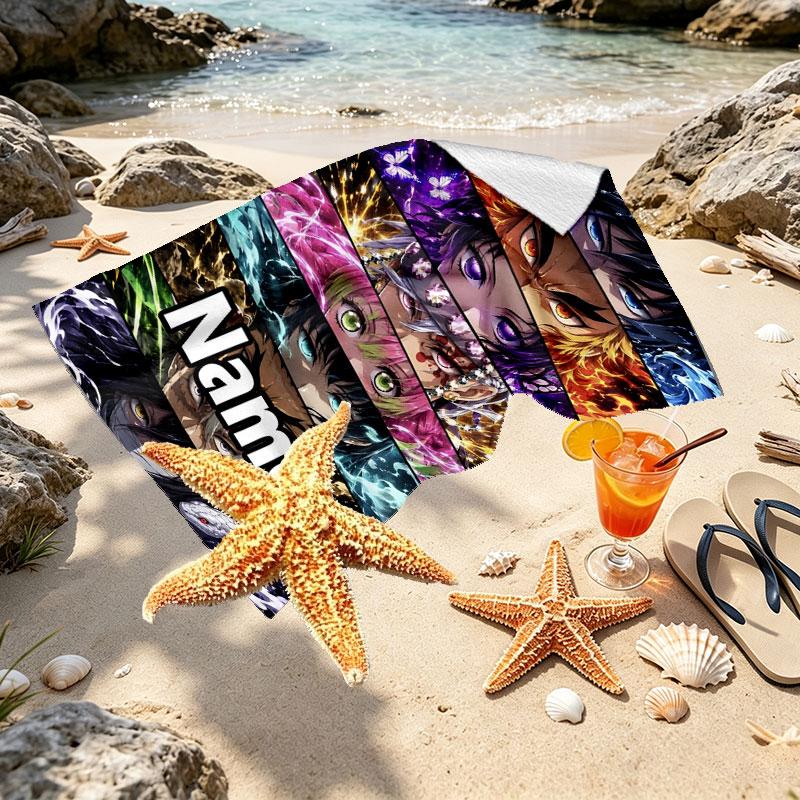 Custom Name Personalized Demon Slayer Print Beach Towel, for Trip Camping Beach Party Home Decor, Birthday Gift for Family & Friends