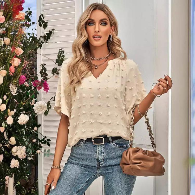Женский повседневный свободный пуловер с V-образным вырезом, однотонная блузка, рубашка с рукавом до локтя, весна-лето, S-XL