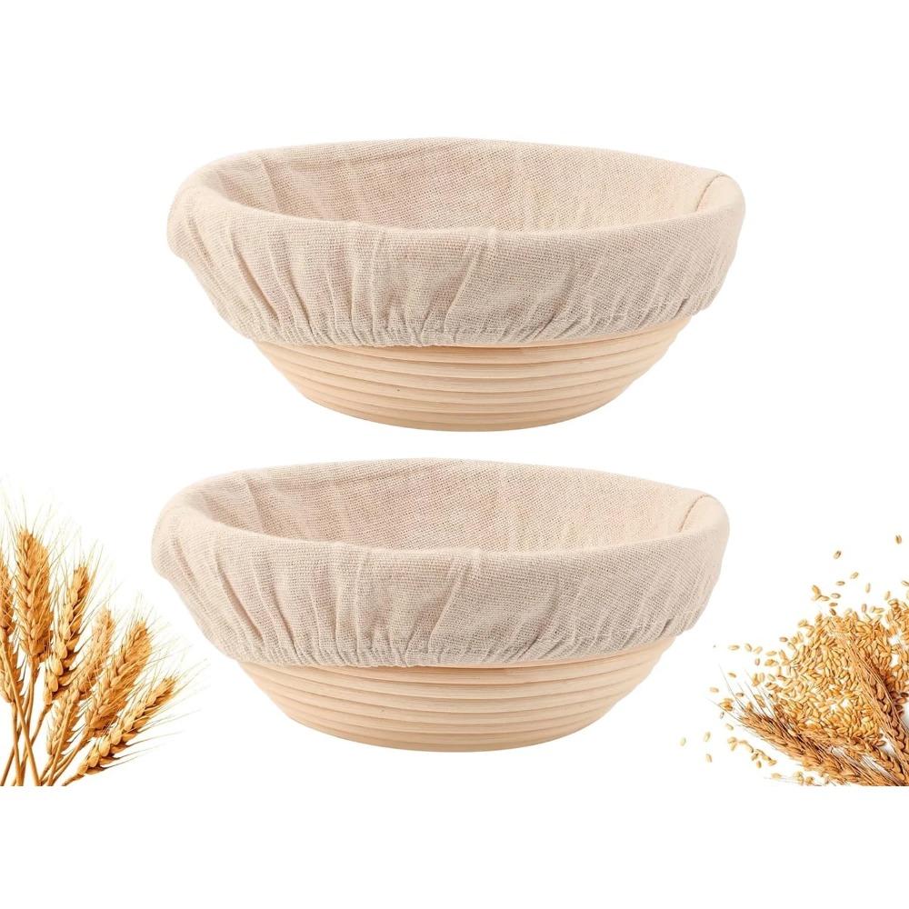 Bread proofing basket set of 2, 9-inch round dough proofing bowls, with linen-lined bread proofing baskets