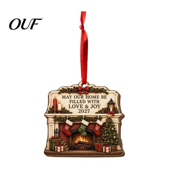 Christmas Porch Hanging Ornaments Wooden House Ornament, 2D Castle Car Decor with Xmas Tree Embellishments Red String, Rustic Pendant, Holiday
