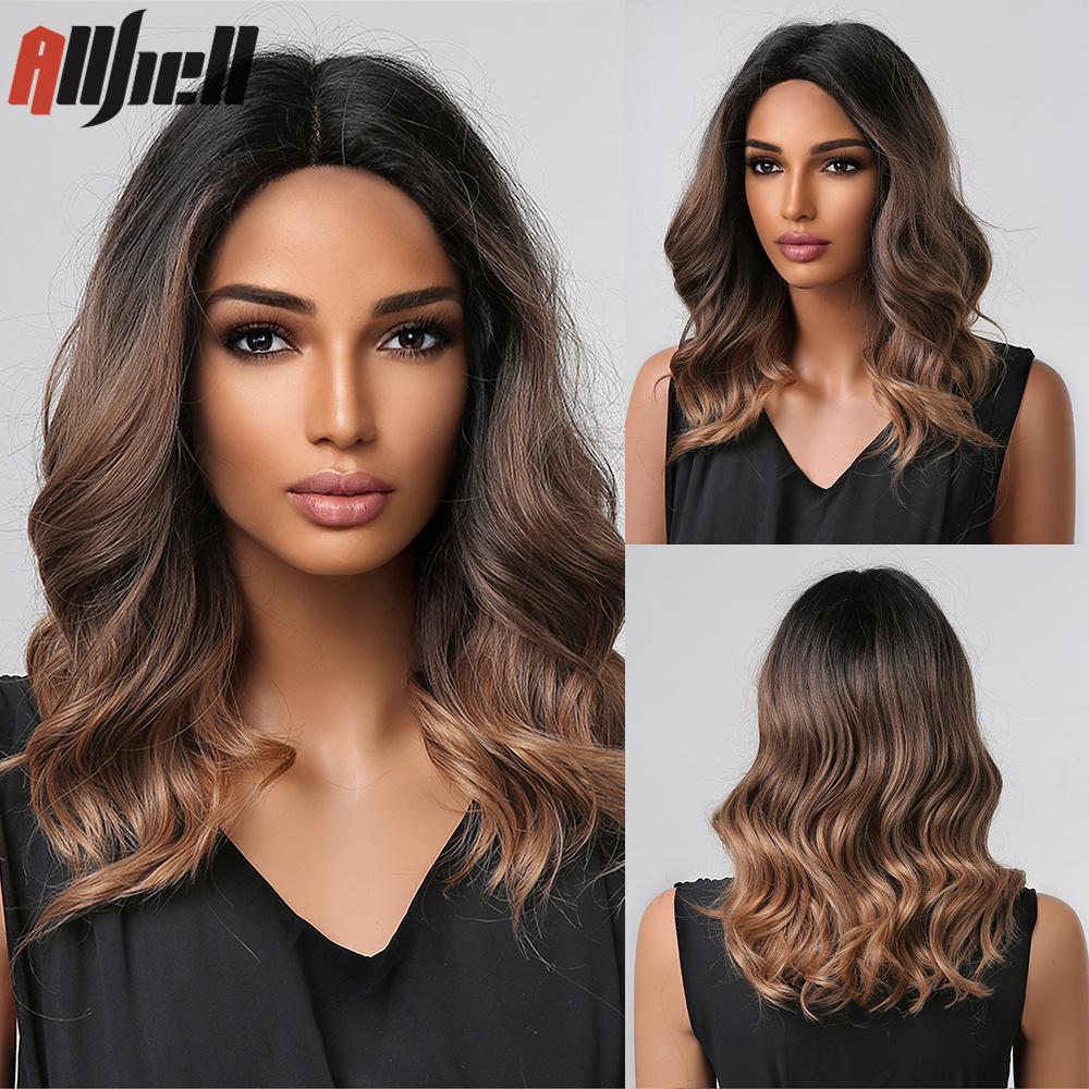 Bob Wavy Synthetic Wigs With Bangs for Women Blonde Ombre Medium Length Water Wave Wig Heat Resistant Fiber Hair Party Cosplay