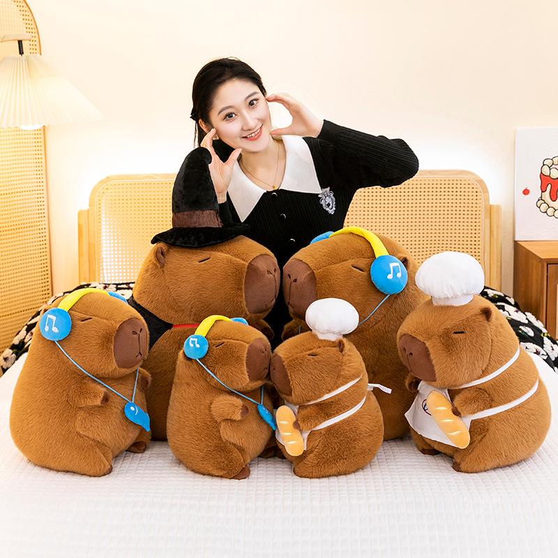 New earphones chef magic hat capybara doll leather pull throw pillow sleeping doll plush toy girl gift
