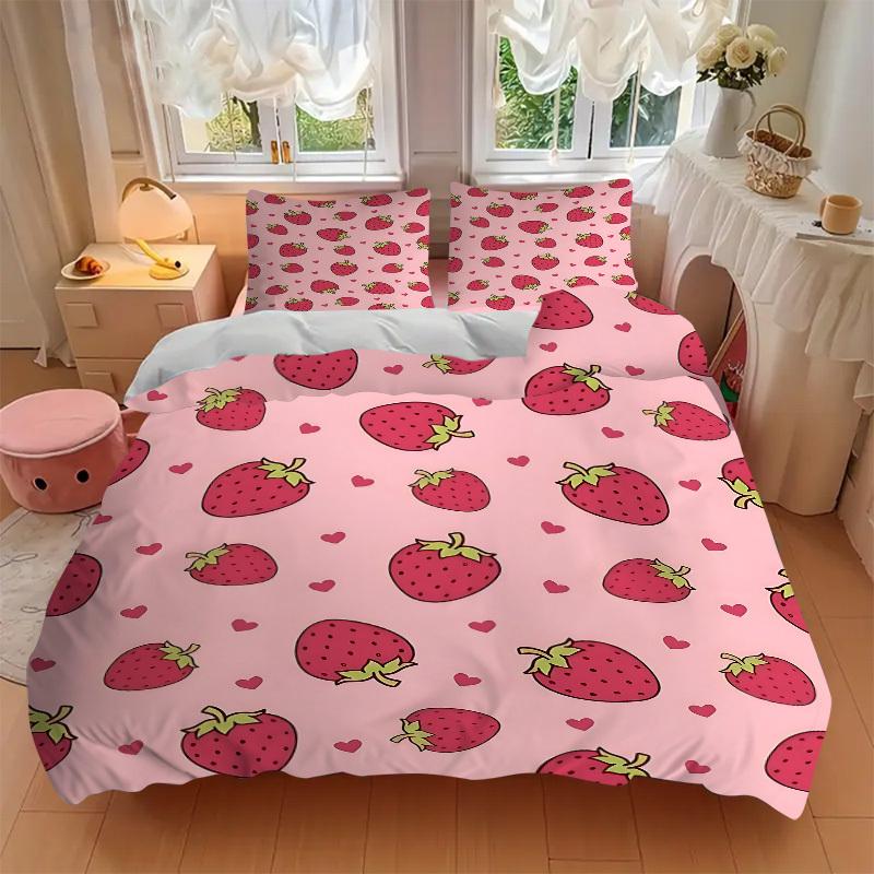3pcs Strawberry Hearts print bedding quilt cover, soft and comfortable quilt cover suitable for bedroom and guest room200