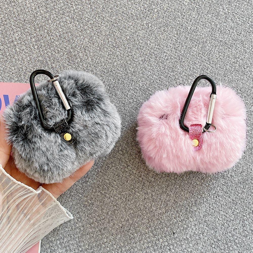 Мягкий меховой чехол с кроличьими ушками для AirPods 1 2, пушистая коробка с беспроводной зарядкой и карабином, плюшевый чехол для Airpods Pro, защитный чехол