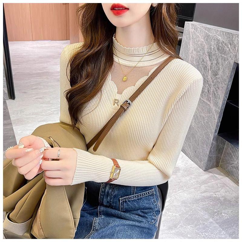 Turtleneck Hollow-out Lace Trim Knitwear Long Sleeve Spring Autumn Versatile Fashion Outer Wear Base Layer Top
