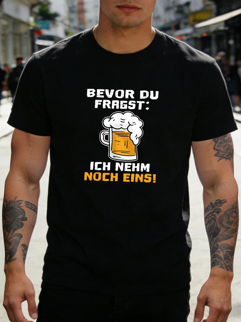 Unisex Navy Crew Neck Tee Gerunisex Beer Mug Text Print Short Sleeve Loose Casual Summer Street Basic Top For Male Daily Wear Outfit
