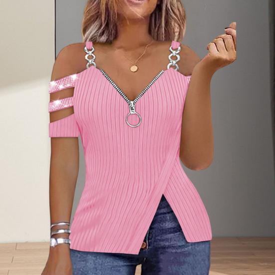 Women's Tops V-Neck Zip Detail Split Hem Elegant Trendy Minimalistic Sequin Chain Accent Blouse Summer Accessories