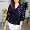 ZANZEA Женские летние рубашки с V-образным вырезом и рукавом 3/4 в горошек