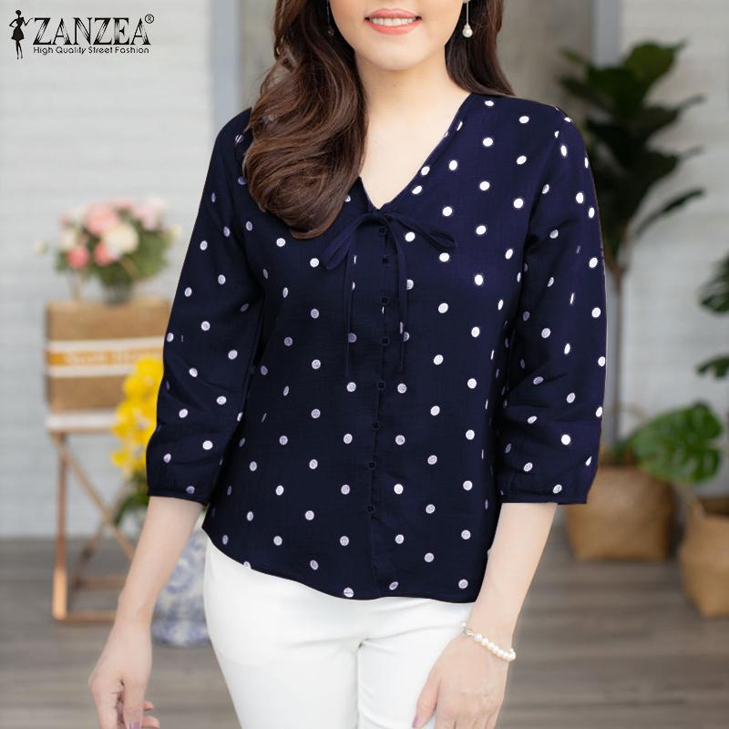ZANZEA Женские летние рубашки с V-образным вырезом и рукавом 3/4 в горошек