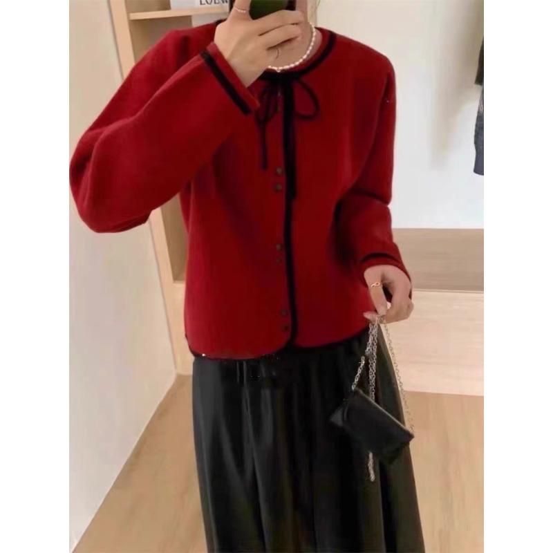 Autumn and Winter New Bow-tie Knitted Cardigan Women's Soft Waxy Loose Age-reducing Single-breasted Sweater Jacket