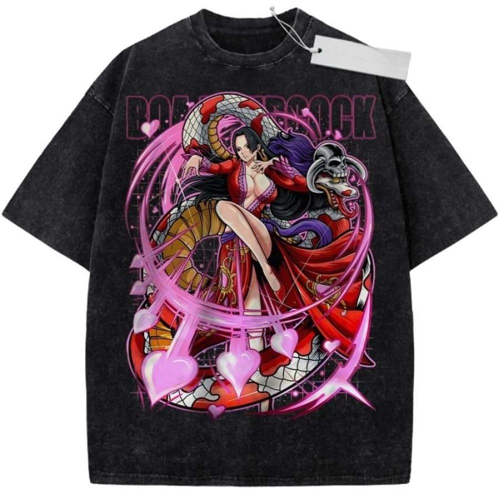 One Piece Boa Hancock "Love Hurricane" Vintage Washed Oversized Black T-Shirt | Shonen Anime Fan Unisex Streetwear Tee