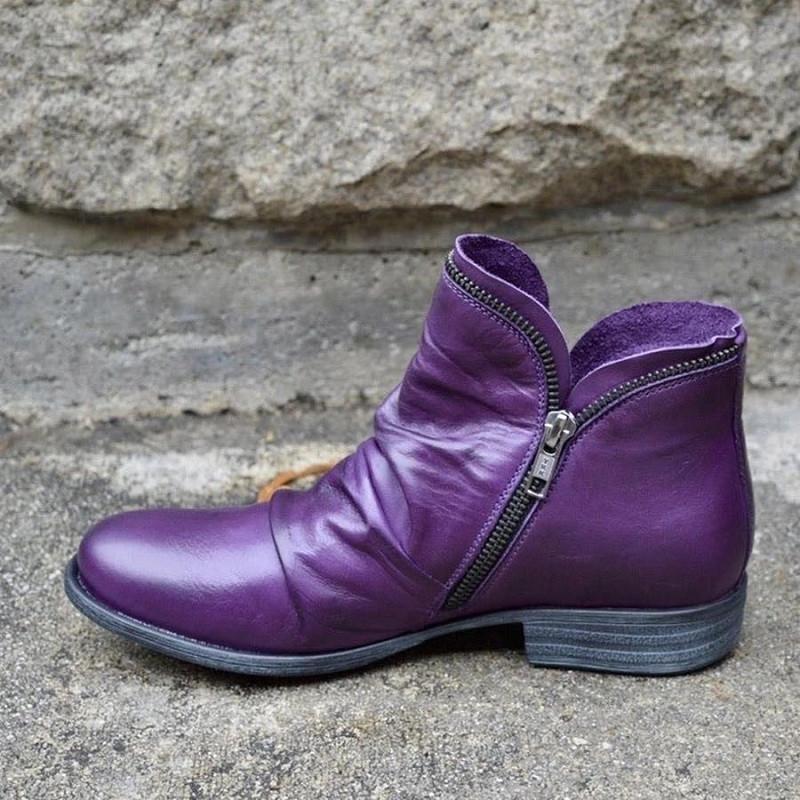 Ladies Metal Zip Deco Pleated Design Botas Fashion Purple Blue Ankle Boots Woman Autumn Casual Flat Pu Leather Short Booties