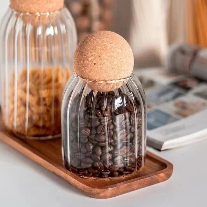 500-1300ml Glass Stripe Sealed Storage Tank with Cork Stopper Kitchen Storage Box Coffee Beans Nuts Candy Food Spices Container