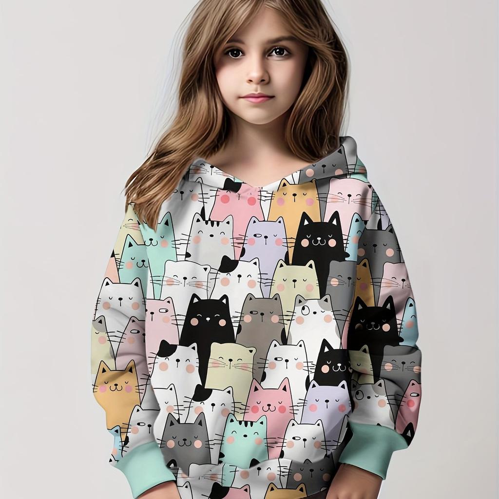 Супермягкая толстовка с капюшоном и принтом кота для девочек, повседневная, модная, идеальная, для осени/зимы, уличная, мультяшная, сезонная, обязательная вещь