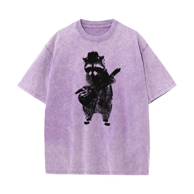 Raccoon Playing The Guitar Tops Tees Discount Crewneck Geek Short Sleeve All Cotton Male Washed T Shirt Slogan Washed Tees