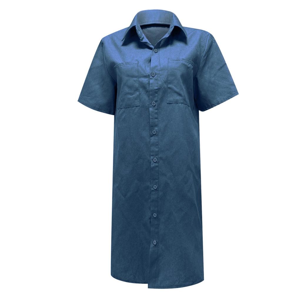 Women's Fashion Short Sleeve Pocket Solid Color Casual Denim Dress